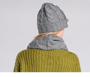 2PC Crochet <strong>Women</strong> Hat Scarf Set Fahion <strong>Beanies</strong> With Button Autumn Winter Knit Scarf Thick Female Bonnet Scarf Set - Product Image 2