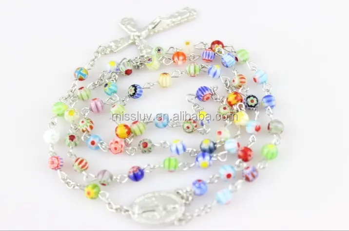 Perles de verre de murano collier croix croix collier de Chapelet bijoux Christian cadeaux bijoux