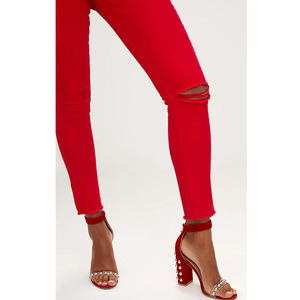 China Factory OEM Hot Selling <strong>Women</strong> <strong>Red</strong> Ripped Knee Denim <strong>Jean</strong> - Product Image 4