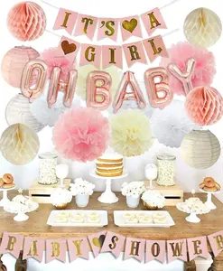 Umiss 纸玫瑰婴儿淋浴装饰品与哦婴儿字母铝箔气球，横幅，生日，Fiestas, 婚礼和节日