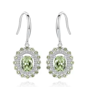 CZCITY Olive Green Topaz Diamond Real 100% 925 Sterling Silver Drop Earrings for Women Gift Vintage CZ Dangle Earrings