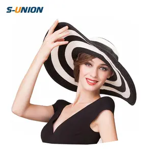 S-UNION nieuwe mode zomer grote rand strand zon dames hoeden womens zwarte en witte strepen floppy strooien hoed