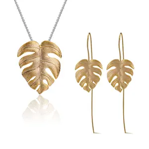 Lotus Fun Hot Sale Jewelry Sets Monstera Leaf 18K Gold Plated 925 Sterling Silver Charms Pendant Earrings For Women Best Gift