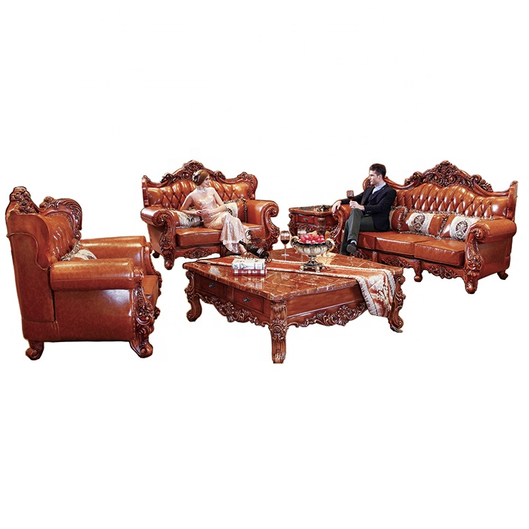Лидер продаж Качество античная классический европейский стиль твердой древесины вырезка кожаный диван мебель для гостиной набор