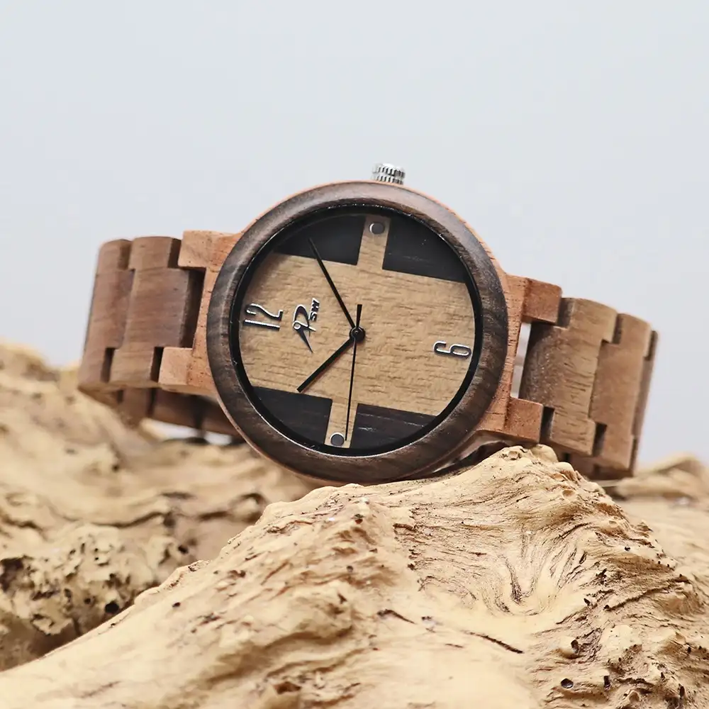 Mans wooden watch handmade custom logo wood strap quartz analog Japanese movement wristwatches