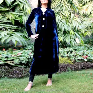 Fashion brand designer long kurtis with front neck crystal buttons navy blue velvet kurti HSD7920