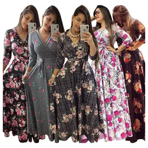 Clothes women v neck 3/4 sleeve plus size floral printed party long maxi dresses with belt