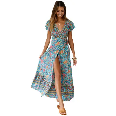 Hot Sell Women Short Sleeve Printed Slit Long Dress V-Neck Beach Dress