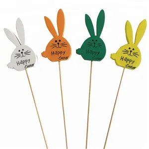 Happy Easter wooden rabbit stick mini garden flower pot pick