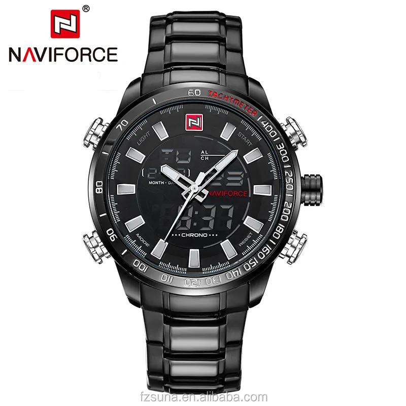 Original Naviforce 9093 Men Watches Brand Luxury Full Steel Quartz Men Dual LED Digital Wristwatches