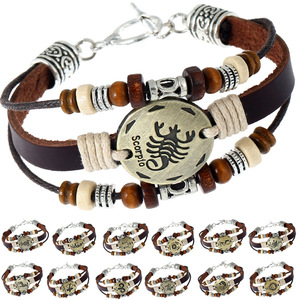 Nuova Venuta In Pelle Classica Segno Zodiacale Bracciale In Metallo Piatto Della Lega Braccialetto di Fascino Dello Zodiaco Per Gli Uomini E Le Donne - Product Image 1