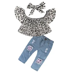 Hao Baby Children's Suit Summer New Girls One Word Shoulder Leopard Shirt + Jeans + headband 3pcs Kids Wear Baby Clothes