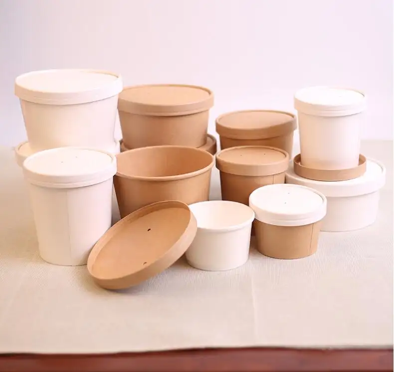 ECO Disposable Kraft Paper Soup Cup Bowl with Paper lid take away lunch packing takeout food packaging bucket