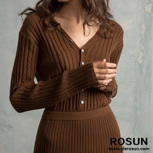 Elegante Cardigan Vintage da donna in <span class=keywords><strong>maglia</strong></span> <span class=keywords><strong>marrone</strong></span> a costine e abito Midi in due pezzi con decorazione a bottone per la stagione primaverile - Product Image 2