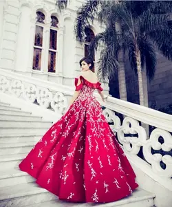 Gaun Pengantin Gaun Pesta Bahu Melayang dengan Bordir Gaun Pengantin Satin Merah Gaun Pengantin Merek Robe De Mariage