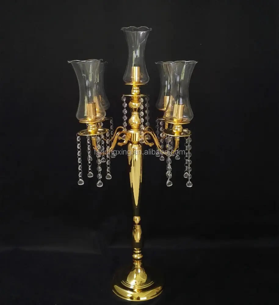 Candelabros de cristal de braços de ouro 5 para decoração de casamento