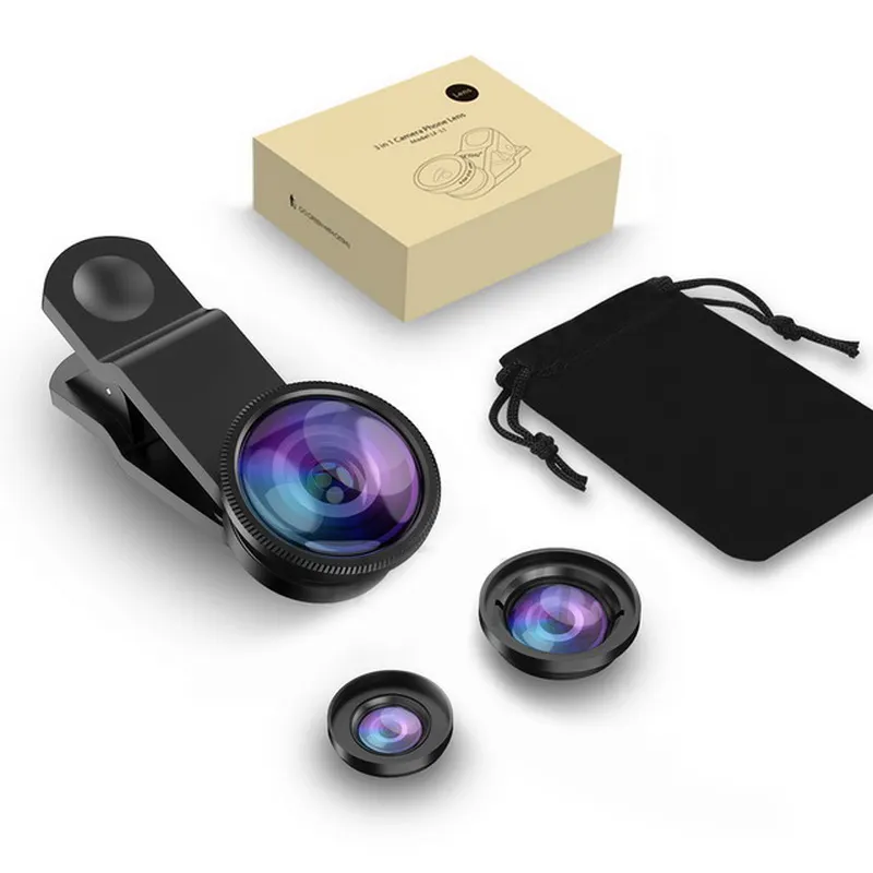 La fábrica Original de 3 en 1 teléfono móvil HD lente de la cámara con 0.67X Angulo Macro de ojo de pez lente del teléfono para iPhone para Samsung