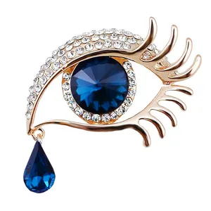 Factory Direct Sale High Quality Rhinestone Blue or Black Teardrop Crystal Eye Design Brooch Pins for Women