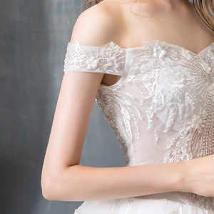 2019 Mode Eenvoudige Boothals Off De Schouder Droom Bruid Gown Real Photo Borduren Kant Bloemen Peals Trouwjurk