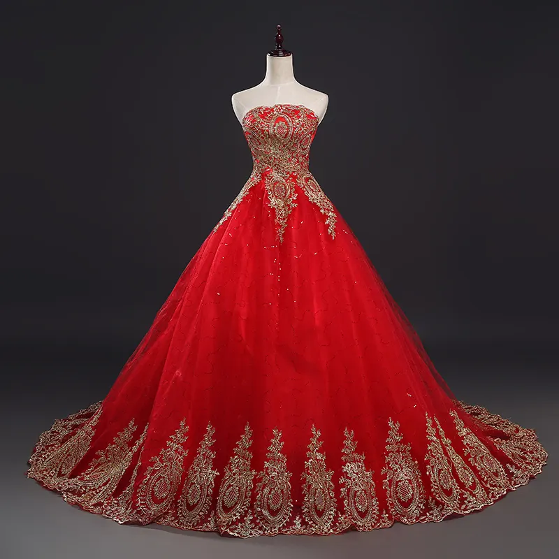 NE279 Cheap Vintage Lace Red With Gold Lace Wedding Dresses Long Train Plus Size Ball Gown