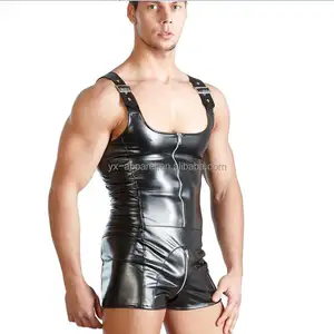 sexy PU tank top short jumpsuit plus size leather gay men costumes