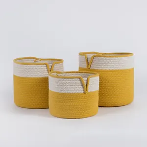 Cesta de lavandería redonda de regalo de color amarillo para decoración del hogar, contenedores de almacenamiento personalizados, contenedor, 3 juegos de cesto de cuerda de algodón