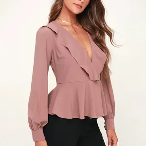 China Supplier elegant design women deep v neck ruffled long sleeve peplum top