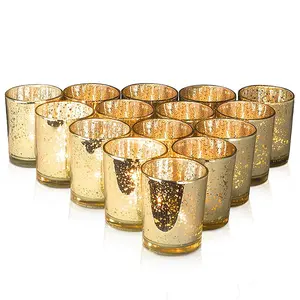 Velas votivas de ouro rosado em massa, conjunto de 12 velas de vidro de mercúrio, suporte de vela para decoração de casamento e decoração de casa