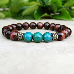 SN1727 Spiritual Bracelet Tibetan Jewelry For Men Women 8mm Red Tiger's Eye & Chrysocolla Bracelet Mala Beads Wrist