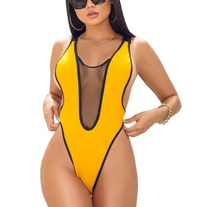 High Cut One Piece Mesh Swimsuit Yellow Bikini