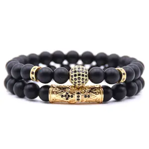 Mannen 2 stk/set Natuurlijke Zwarte Onyx Stenen Kralen Armband Micro Pave 8mm CZ Disco Ball Charm Matte Agaat Kralen armband