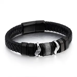 Nuevo negro Acero inoxidable Cierre magnético trenzado pulsera de cuero para hombres