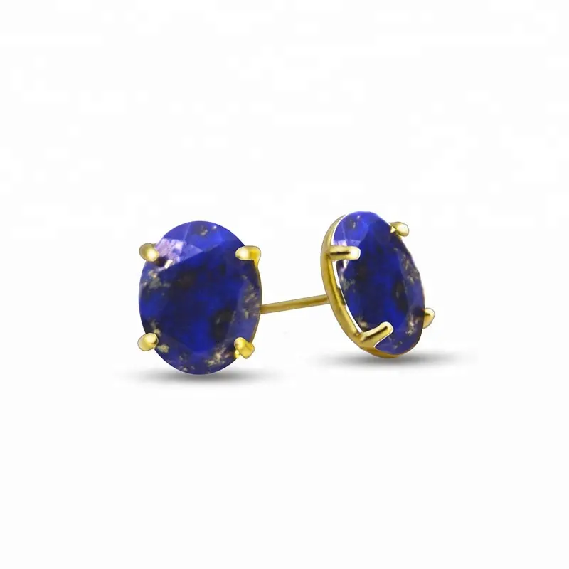 Wholesale Bulk Natural Blue Faceted Oval Cutting Lapis Lazuli Ear Stud Earring 24k Gold Plated Jewelry Silver Men's Earrings