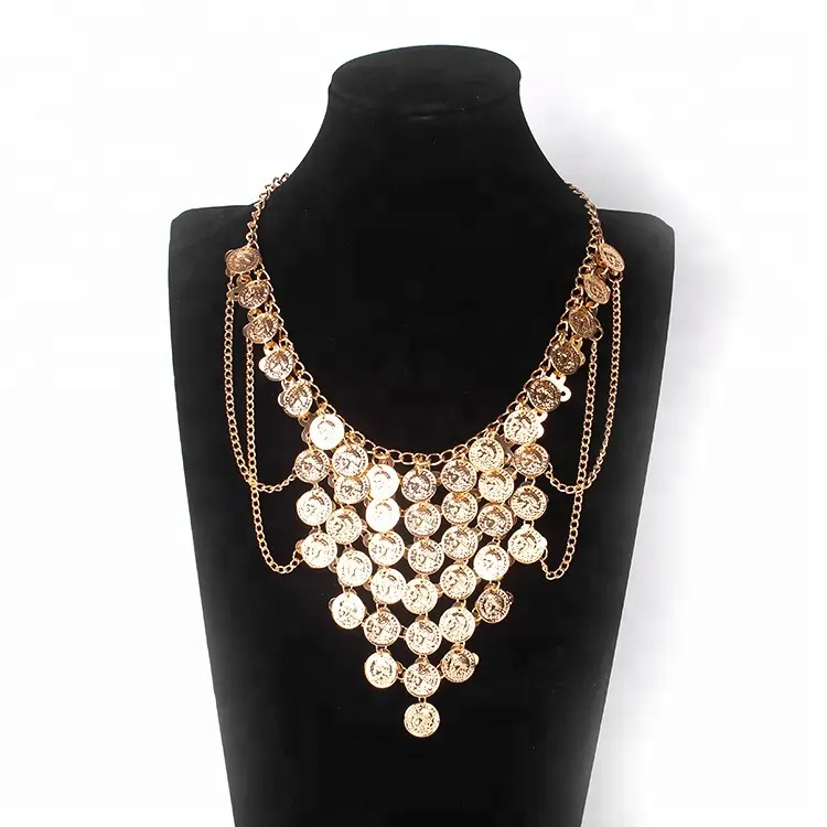 2018 New Arrival Golden Plating Gypsy Necklace Boho Jewelry Long Chain Coin Bib Necklace