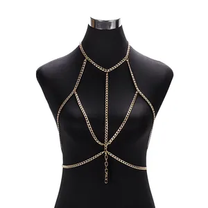 OEM Gaun Rantai Bra Seksi Tari Panas untuk Wanita Perhiasan Tubuh Gaun Dibuat Di Rantai Halter Perhiasan Bikini Panjang Rumbai Bra Rantai Grosir