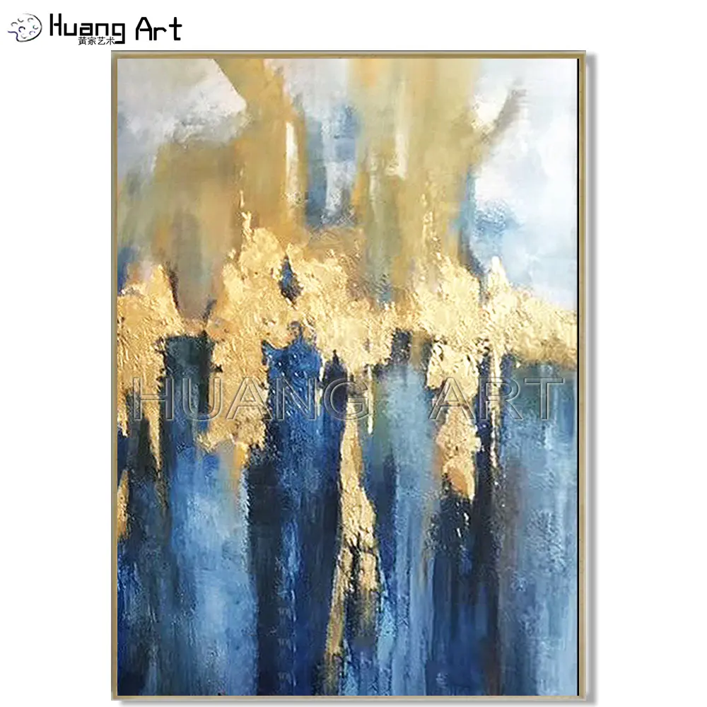 Hand-painted Modern Gold and Blue Abstract Gold Foil Oil Painting on Canvas Abstract Gilding Home Decoration Painting