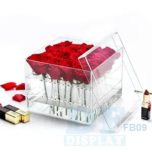 ขายส่ง กุหลาบแจกันดอกไม้-FB09อะคริลิคใสแจกันดอกไม้ Rose กล่องดอกไม้งานแต่งงานของขวัญกล่องสแควร์ DFDISPLAY