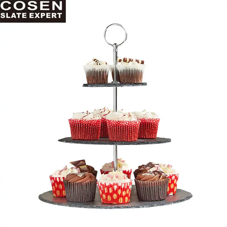 Factory Direct Sales 3-stufiger schwarzer Schieferstein-Kuchenst änder & Cupcake-Display & Assiette-Cupcake