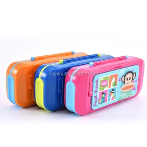 Fancy cartoon design double open plastic pencil box for kids school box