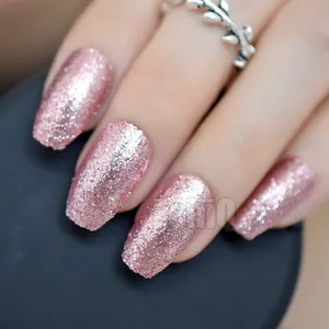 Shiny Rose Gold ปลอมเล็บปลอม Coffin Ballerina เล็บเคล็ดลับ Shining น้ำตาล Glitter Deco ฤดูร้อน Salon กดบนเล็บเคล็ดลับ