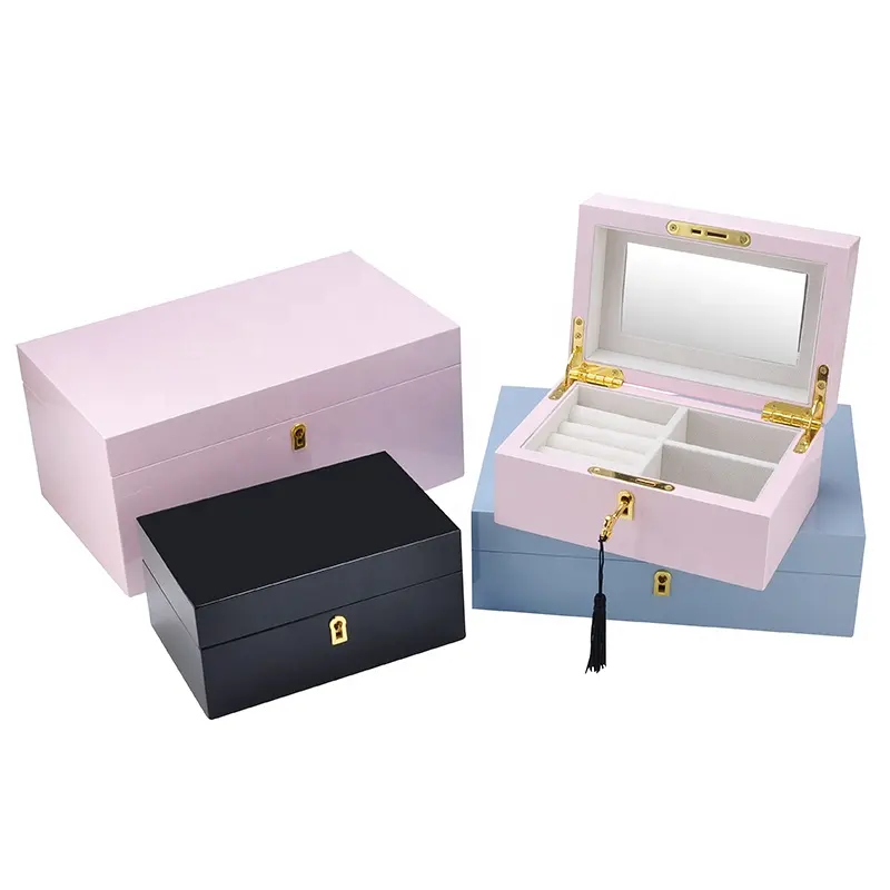 Kotak Perhiasan Persegi Cermin Kayu, Penyusun Kotak Perhiasan MDF Ukuran Besar dengan Kunci Logam Emas