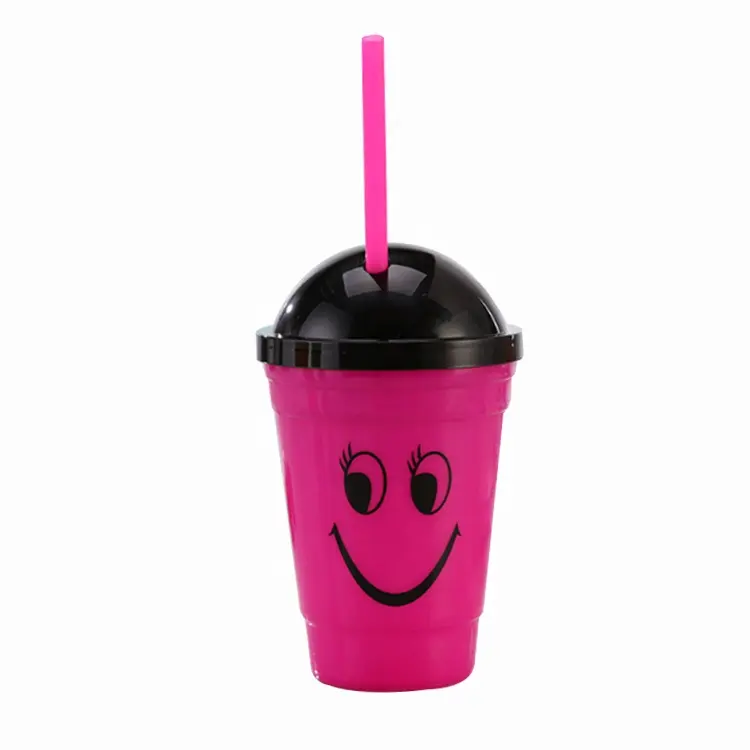 Gelas Tumbler Anak Promosi Smiley 12Oz Gelas Stadion Plastik Dapat Dipakai Ulang dengan Tutup Kubah dan Sedotan