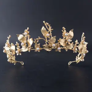 Baroque Crown Leaves Bridal Pearl gold Tiara Wedding Dress Accessories