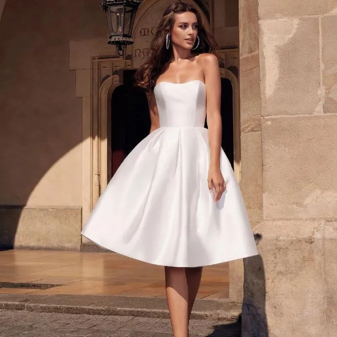 Knee Length Sexy Short Simple Wholesale Cheap Satin Wedding Dress with Pockets