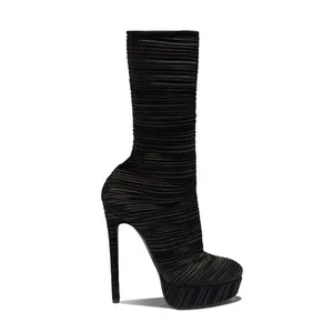 WETKISS Ayakkabı Fabrika OEM ODM Yüksek Stiletto Patik Kırışıklık Saten Kurdele Kışlık Botlar Moda Olgun Kadın Topuklu Çizmeler Bayan