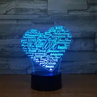 Lampu Tidur LED 3D Akrilik, Lampu Dekorasi Rumah Bentuk Huruf Hati Usb 7 Warna Pencahayaan Tidur Suasana Romantis