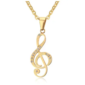 Silver/Gold/Black women female fashion dainty delicate jewelry design stainless steel music note pendant necklace with crystal