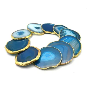 Posavasos de ágata Natural, taza de Jade dorado, rebanada de piedras preciosas de ágata multicolor y Decoración de mesa de regalo para el hogar