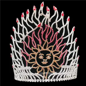 8 inch Fire Sun Shape Crowns Pageant Rhinestone metal Tall Crown adjust Custom Crystal Tiara