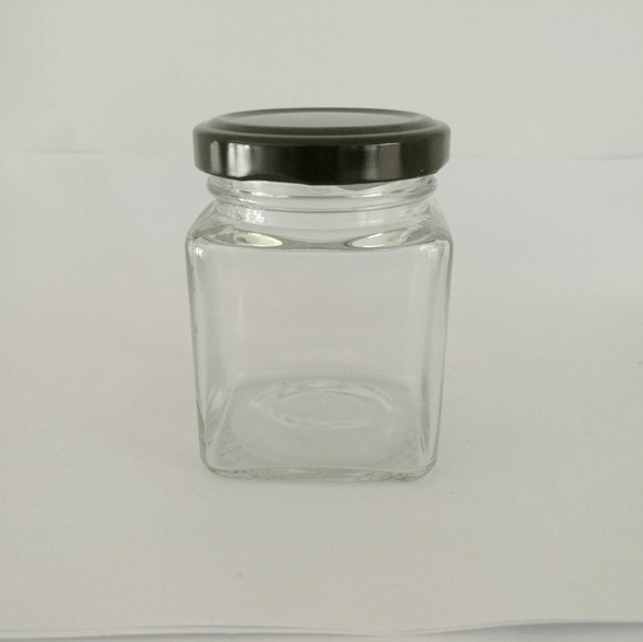 square shaped honey glass jar jam / storage jar with screw metal lid
